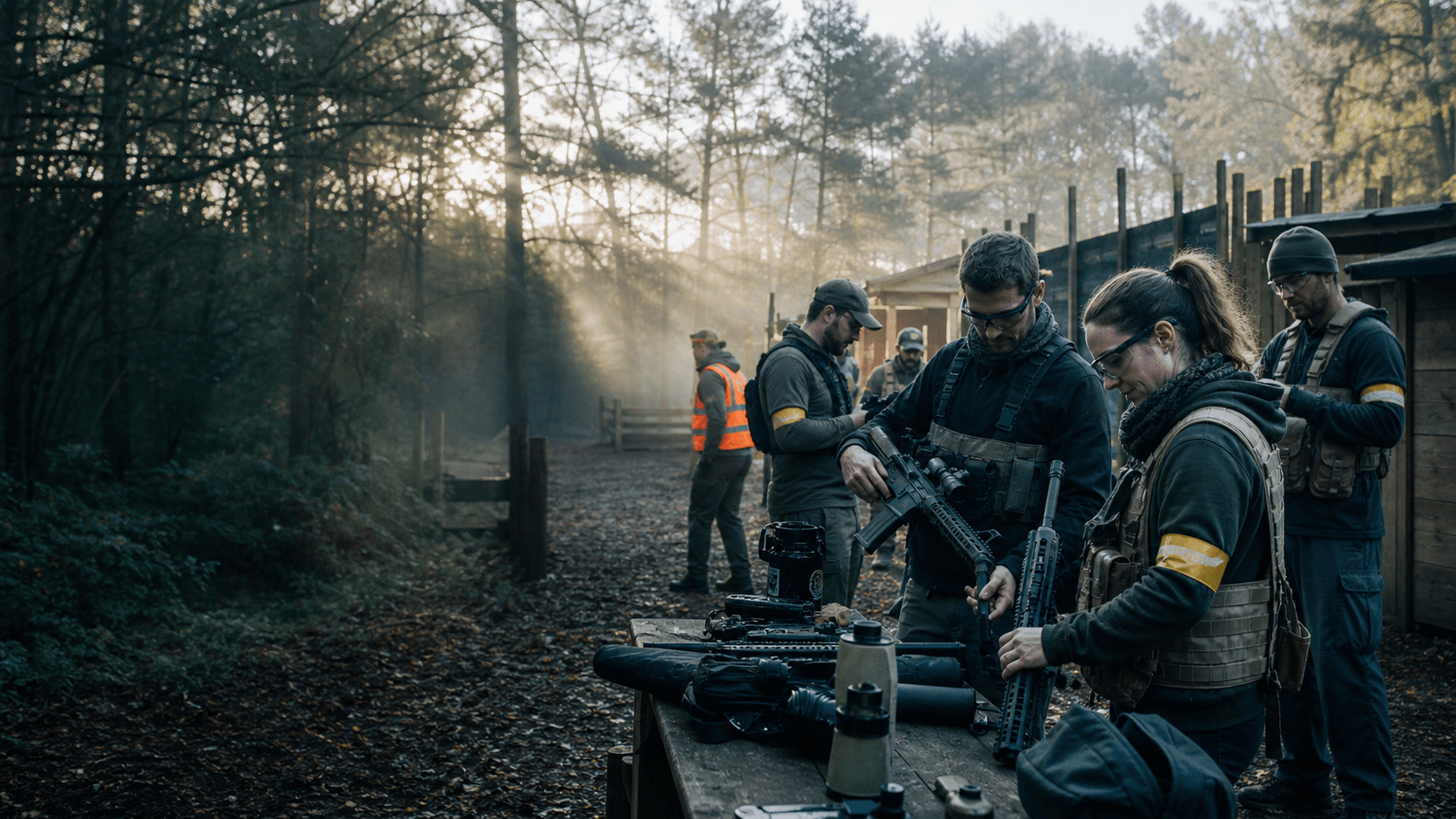 Airsoft players preparing safely together at a woodland game site