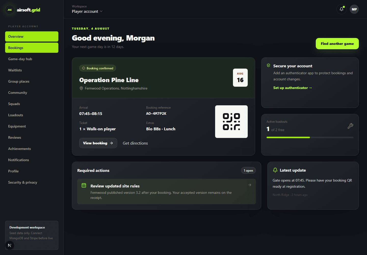 Player dashboard showing a booking and game-day actions
