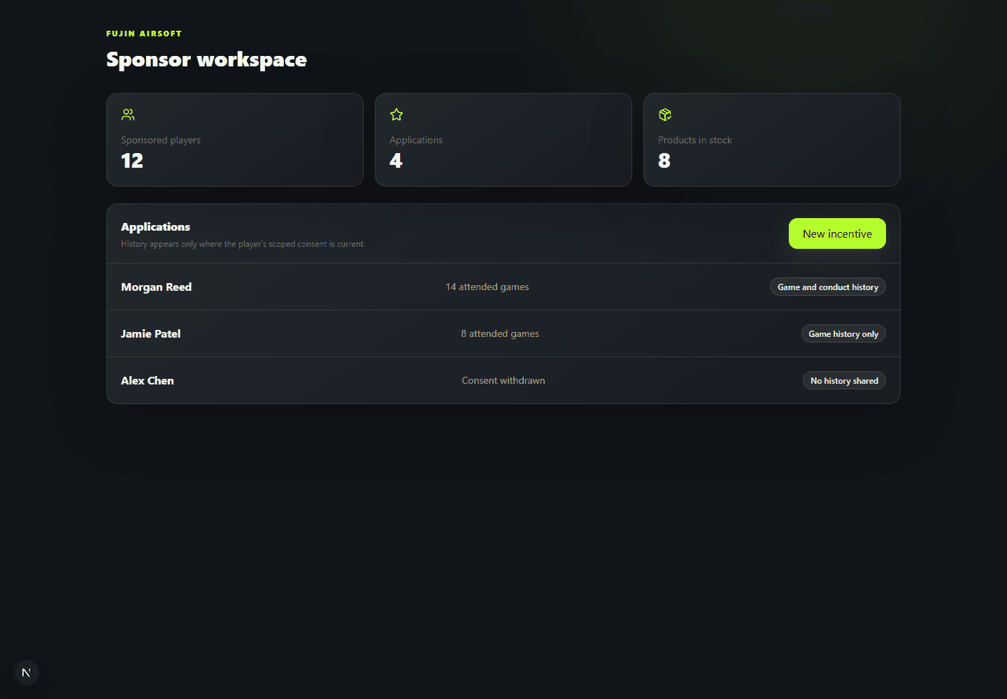 Sponsor workspace showing applications and inventory