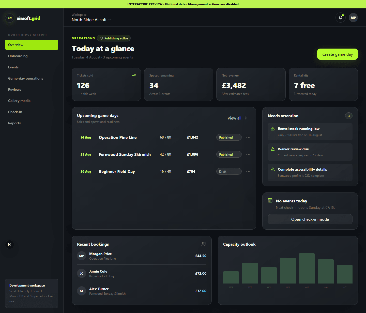 Venue operator workspace showing event operations