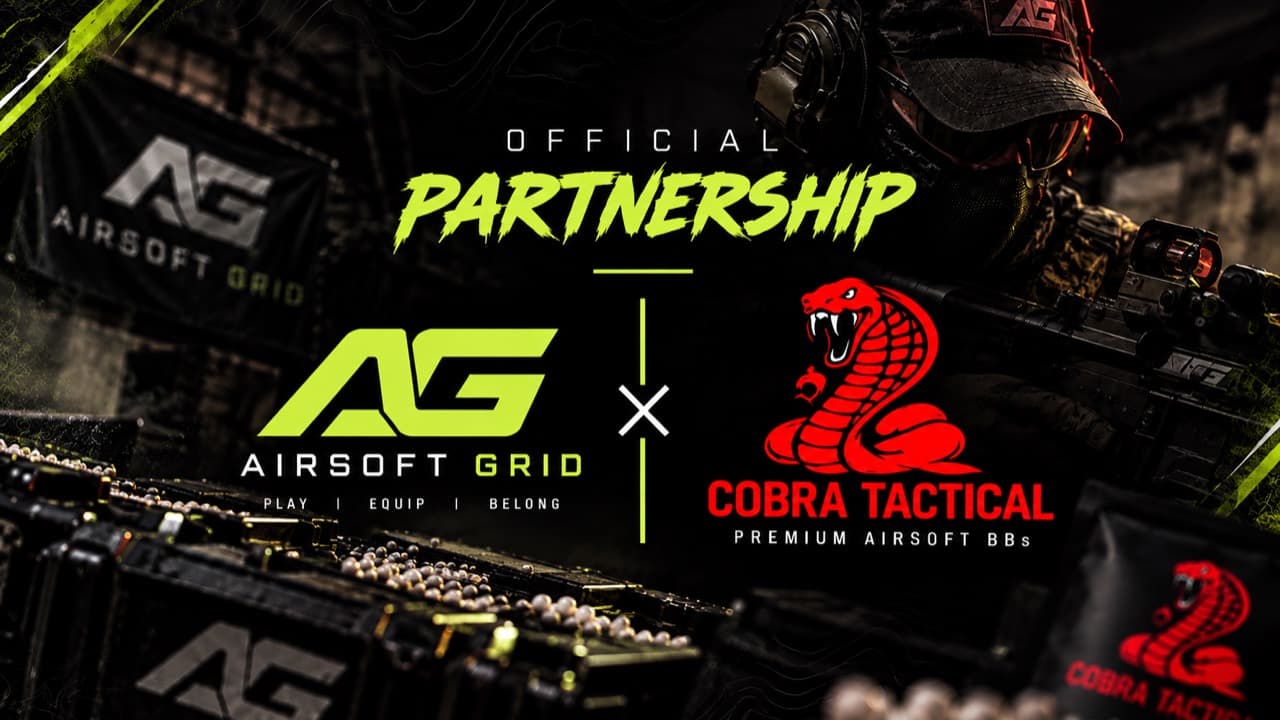 Airsoft Grid and Cobra Tactical official partnership artwork with premium airsoft BBs