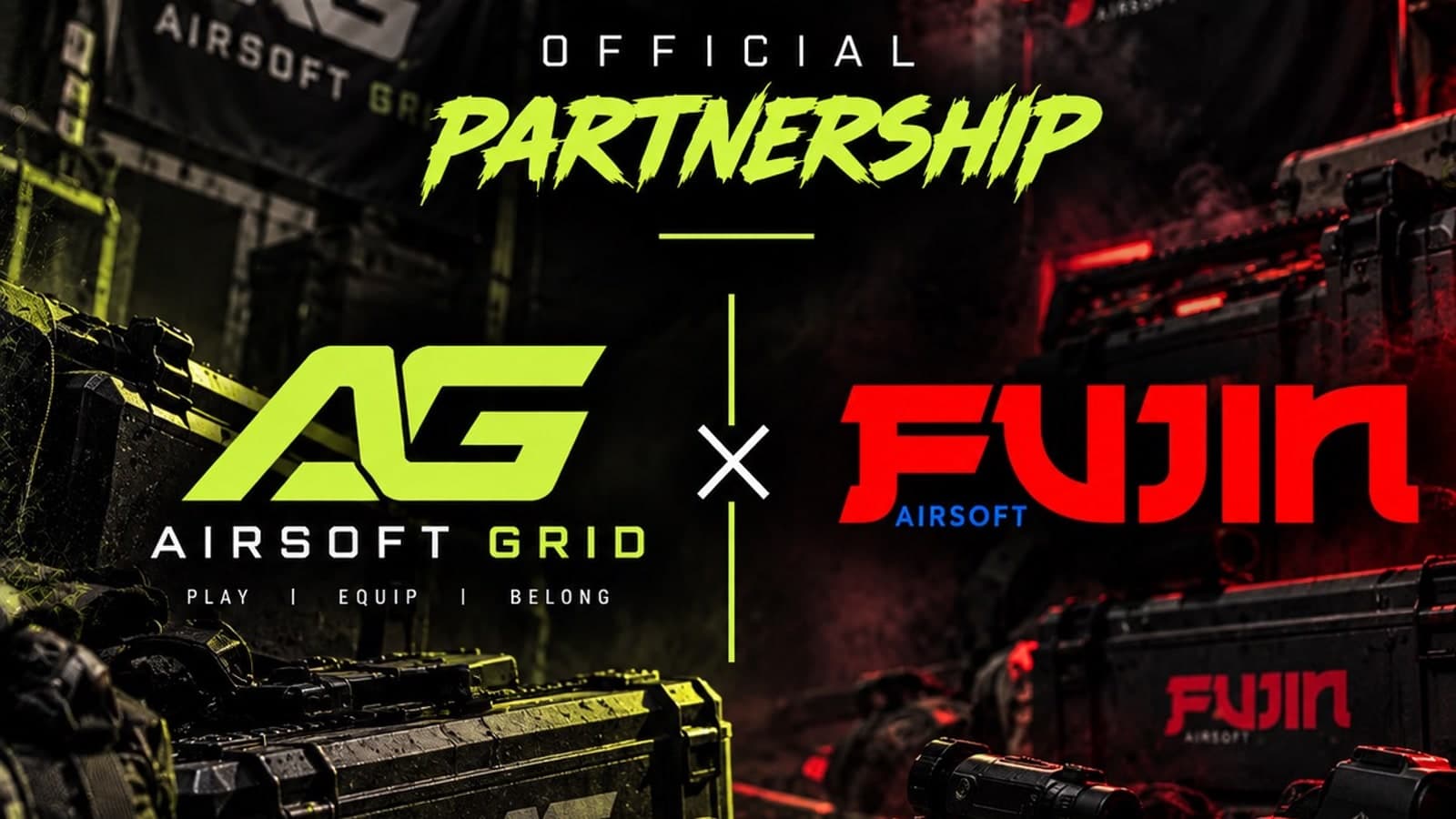 Airsoft Grid and Fujin Airsoft official partnership artwork in a tactical warehouse