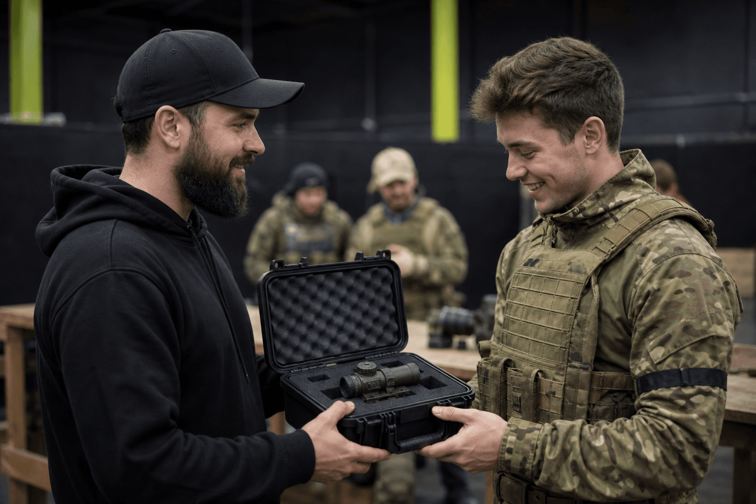 Sponsor and player discussing equipment at an airsoft safe zone