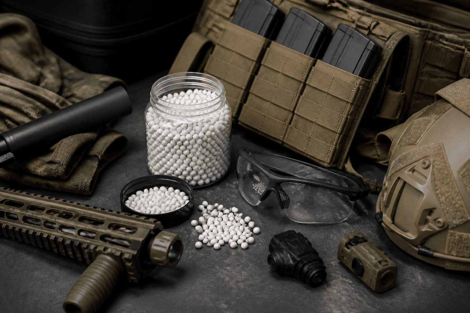 Airsoft equipment and BBs arranged on a supplier workbench