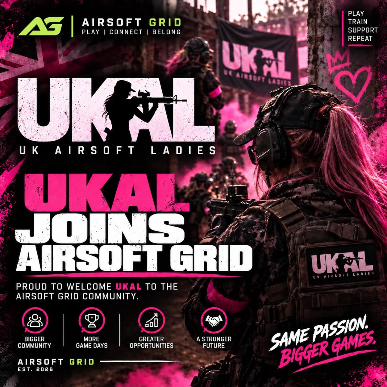 UKAL Airsoft Ladies player with Airsoft Grid branding in a pink tactical scene