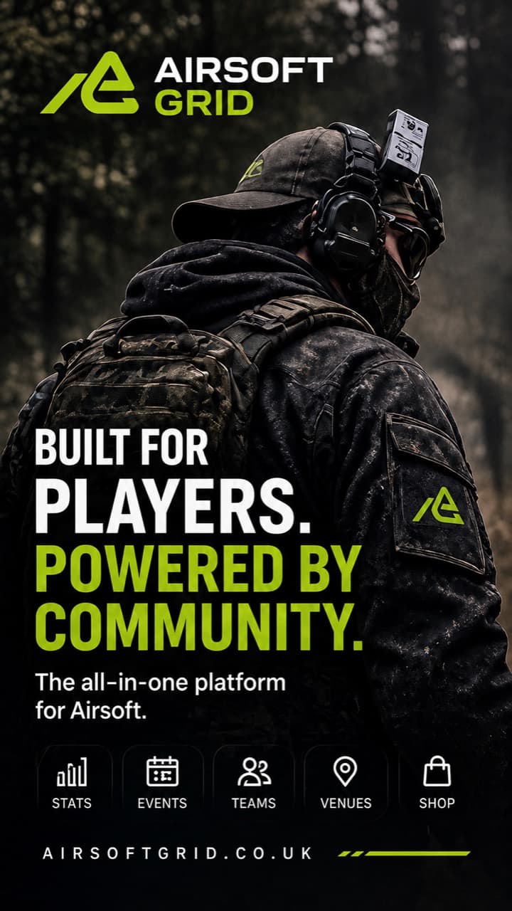 Airsoft Grid launch artwork with a player and the words built for players, powered by community
